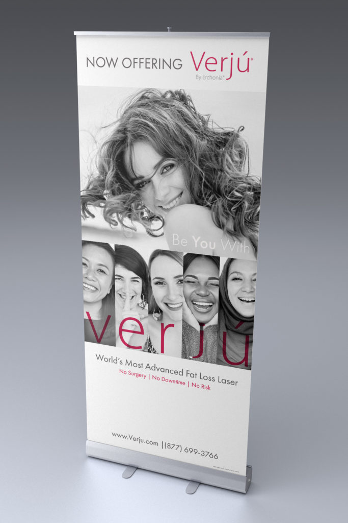 Verjú by Erchonia pull-up banner showcasing the advanced fat loss laser with no risk and diverse user smiles