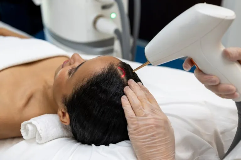 Low-level laser therapy for hair loss being applied to a woman's scalp with a handheld laser device