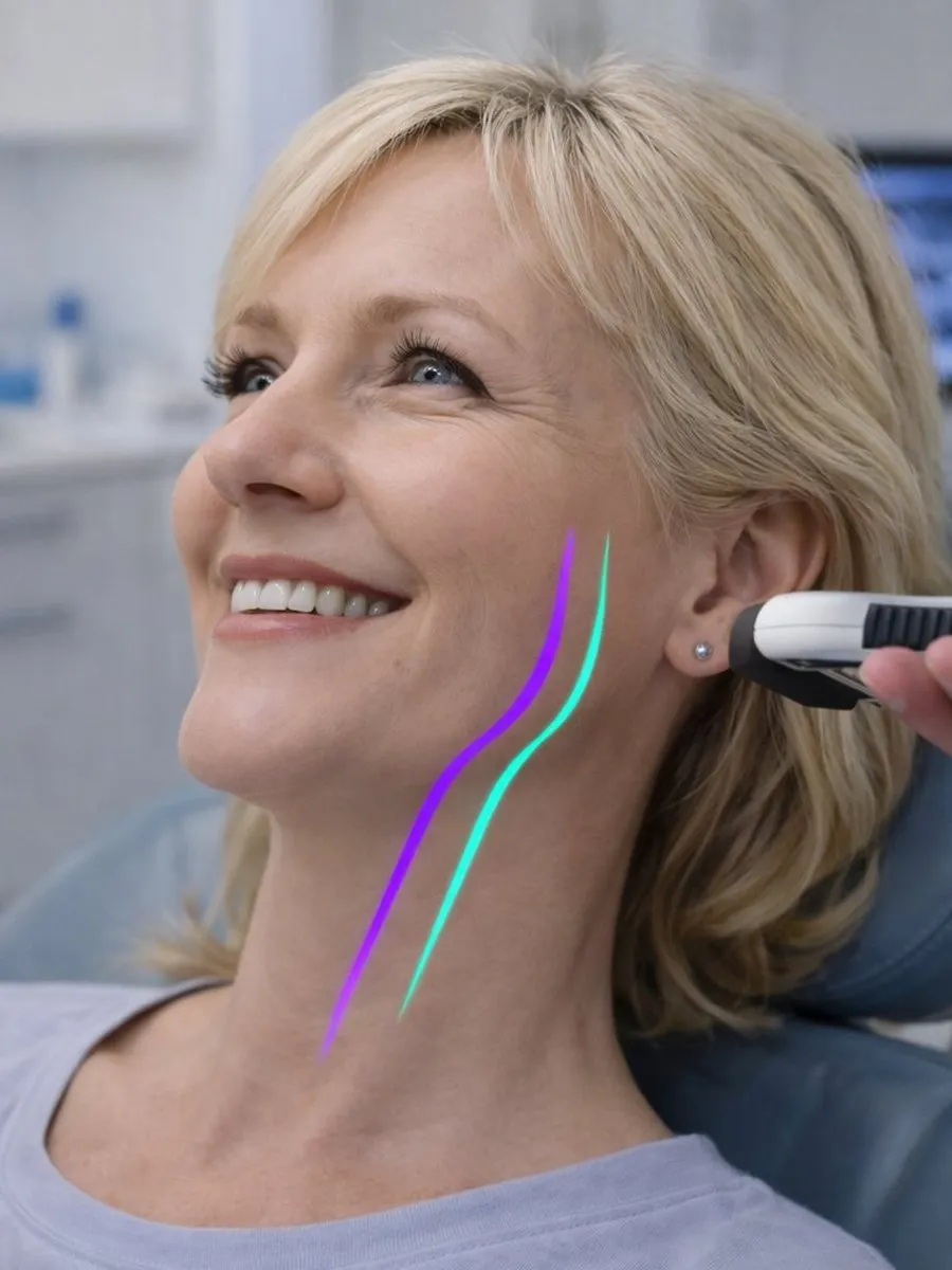 A patient smiling during a laser session along the jaw