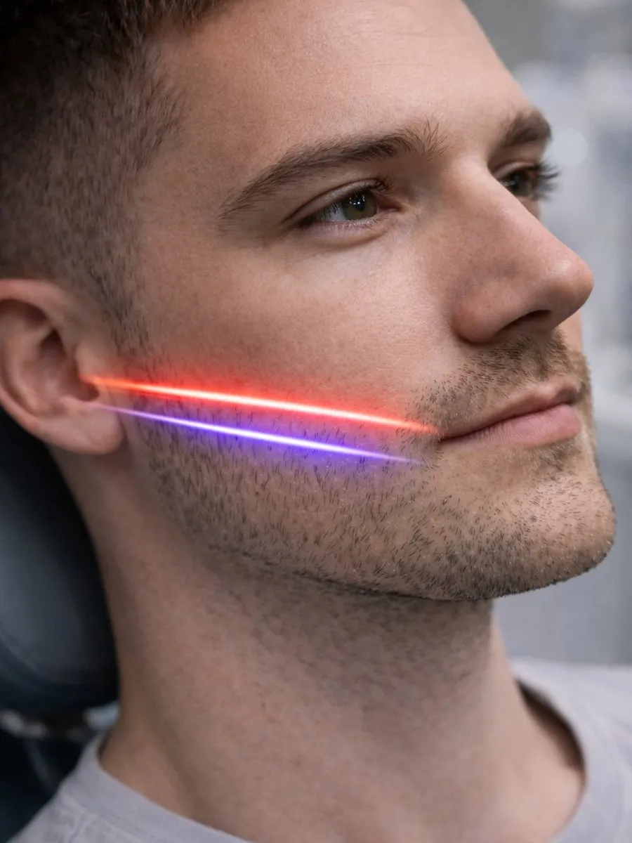 Red and violet laser lines along a patient’s jaw