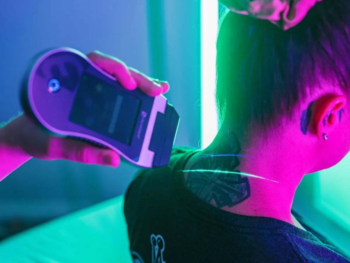 A green-violet laser line on a patient’s neck during a GVL session